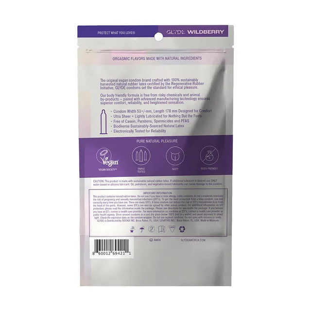 GLYDE wildberry flavored ultra-thin latex condoms 12-pack back of the pouch with the purple flavor band and product text