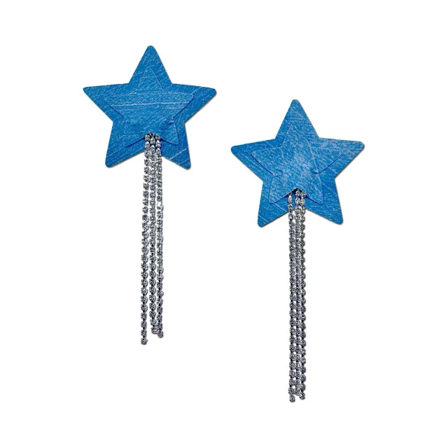 Pastease denim-blue star pasties with long silver rhinestone tassels