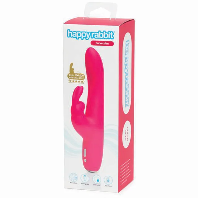 Happy Rabbit Curve Slim hot-pink vibrator inside white-and-pink retail box