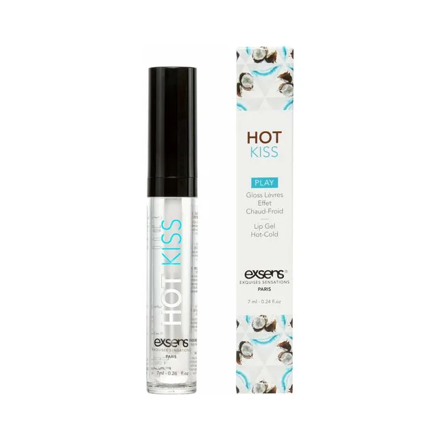 clear Exsens Hot Kiss Coconut lip gel tube with black cap beside carton