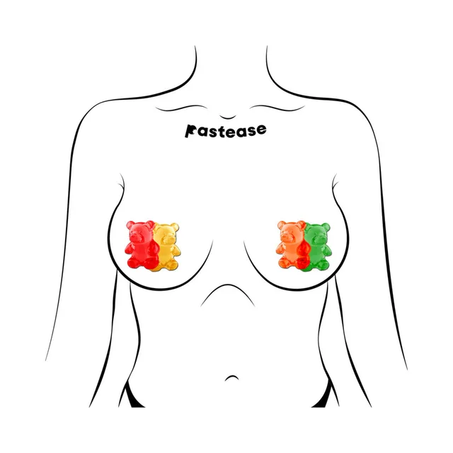 Pastease multicolor gummy bear breast pasties front placement illustration with both color pairings