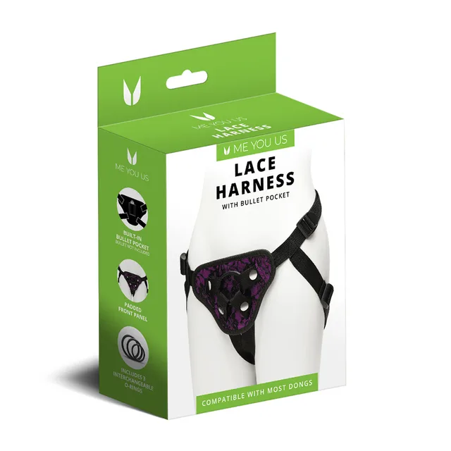 Me You Us purple lace harness with black adjustable straps shown on retail box