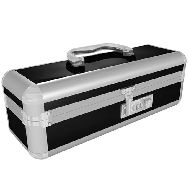 Black BMS Toy Chest metal case with silver trim and handle