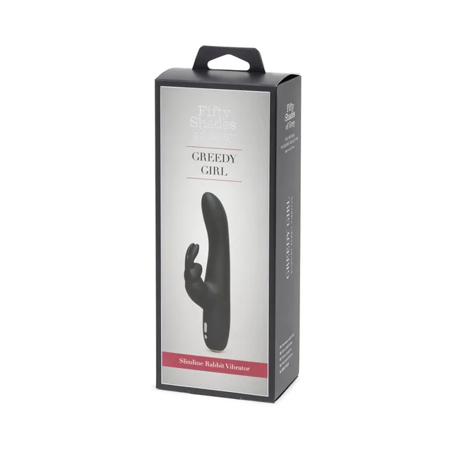Fifty Shades Greedy Girl black slimline rabbit vibrator retail box