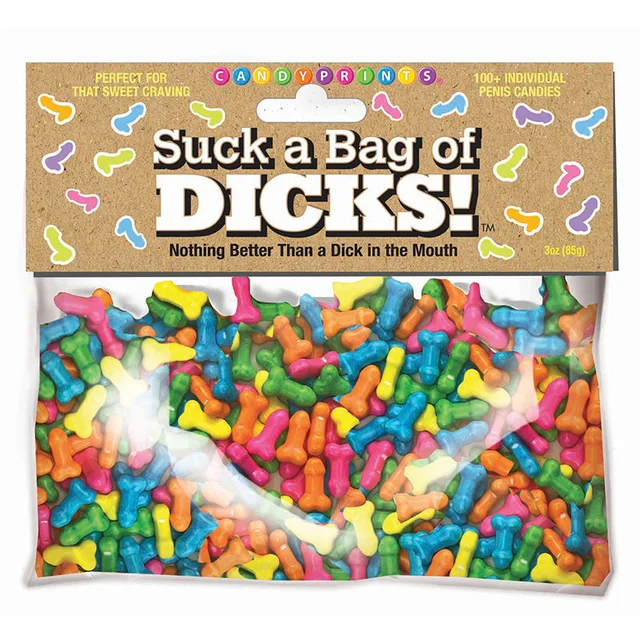 Little Genie clear bag of 100 multicolor penis-shaped candies with tan header