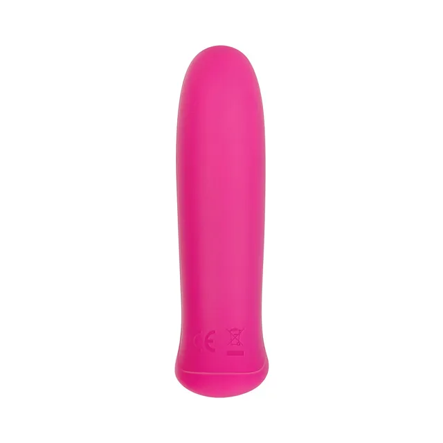 Evolved Pretty in Pink Rechargeable Bullet upright rear view with regulatory marks