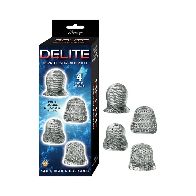 Four smoke Delite textured sleeves beside black retail box