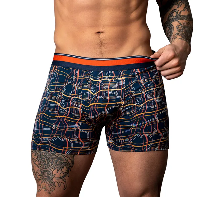 Male Power Soo Cumfy size L navy and orange boxer brief side view worn by model