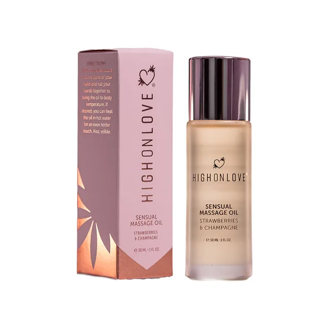 pale pink HighOnLove Strawberries and Champagne 1 oz bottle beside matching box