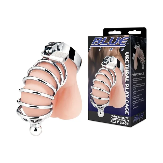 Blue Line silver urethral cage beside retail box