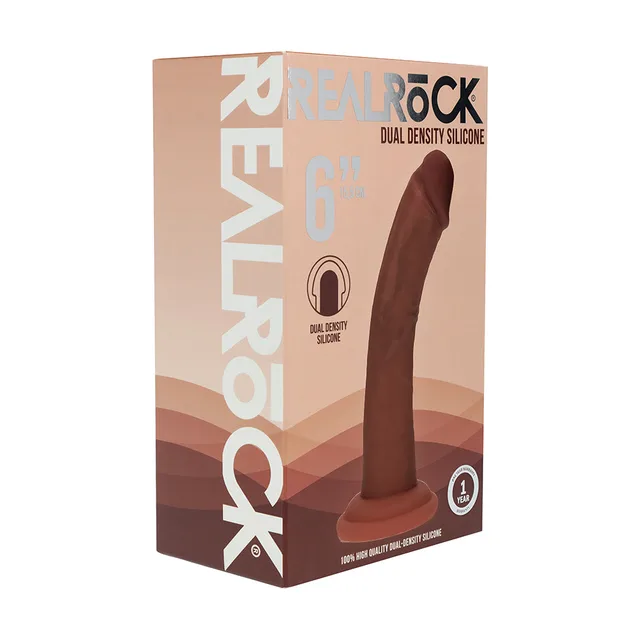 Shots Realrock 6-inch brown curved dual-density dildo displayed in its brown retail box