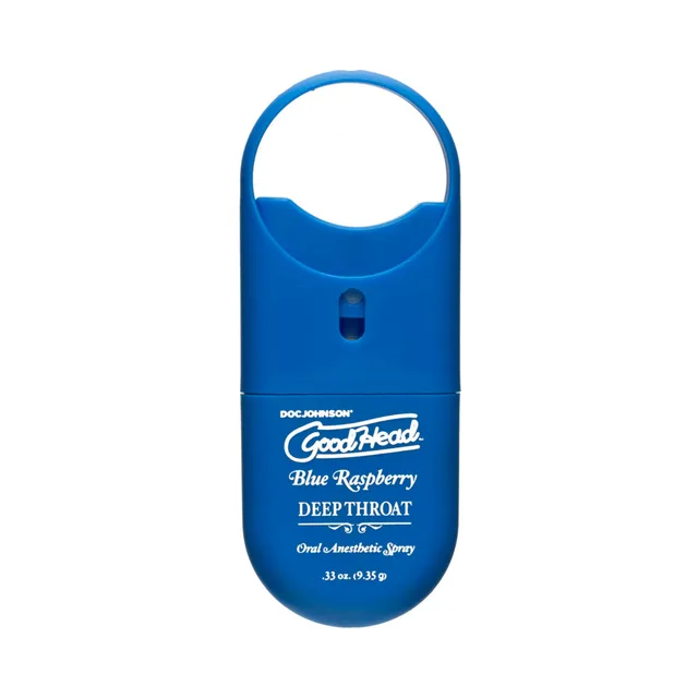 Doc Johnson GoodHead Blue Raspberry To-Go spray front view of flat blue loop-top dispenser