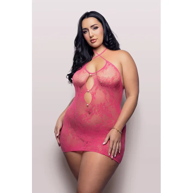 Front view of hot pink Queen criss-cross halter dress