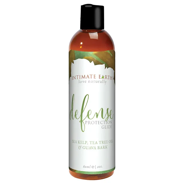 Intimate Earth Defense 2 oz Glide slim amber bottle with green ingredient label