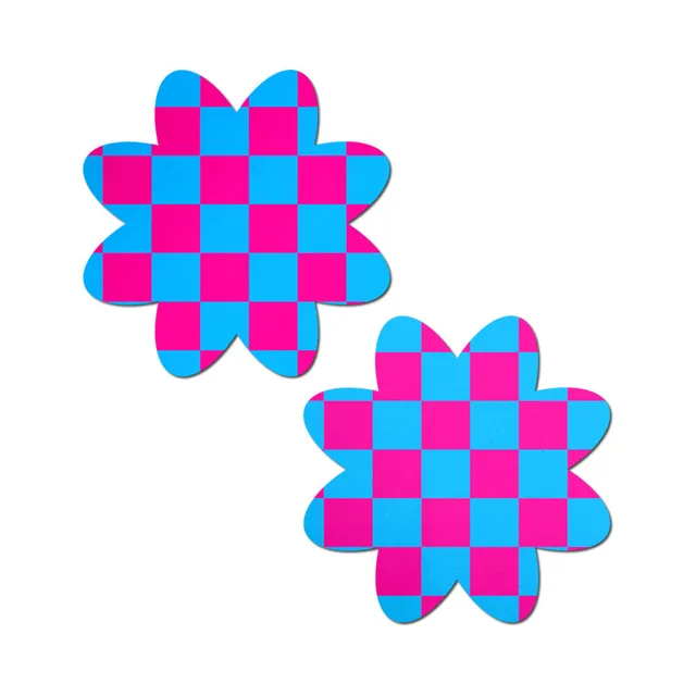 Pastease neon pink & blue checkered petal breast pasties matching pair with alternating hot pink and blue squares