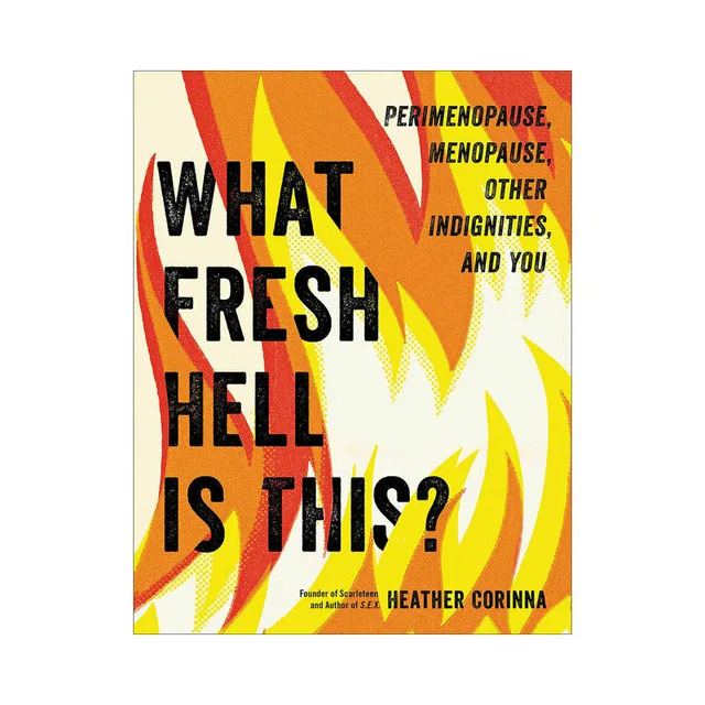 cream What Fresh Hell Is This book cover with orange and yellow flame graphics
