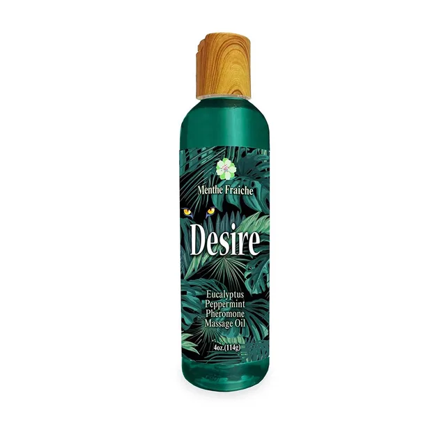 Desire Eucalyptus and Peppermint massage oil in dark green bottle