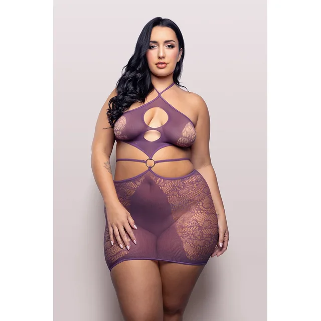 Front view of purple Queen halter dress with circular cutouts