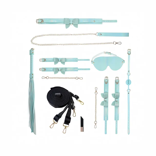 blue Paris Collection restraint pieces chains and black straps arranged together
