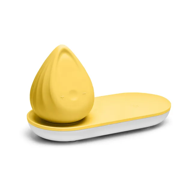 yellow Biird Evii seated on matching yellow and white charging base