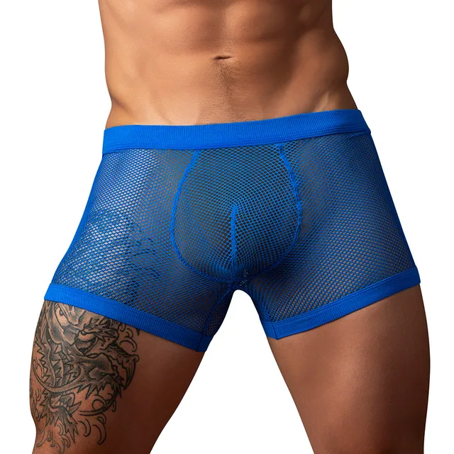 Front view of Royal Blue Male Power Fishnet Pouch Short XL