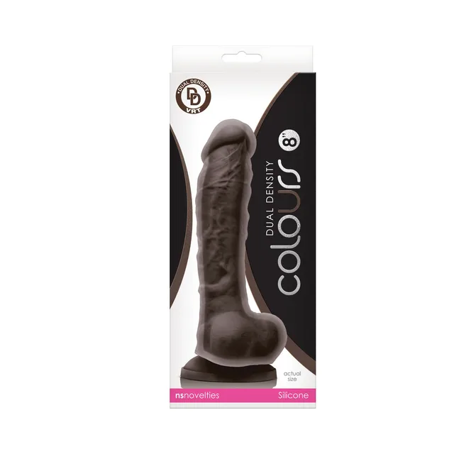 NS Novelties Colours dark brown dildo white-and-black retail package with dark shaft visible