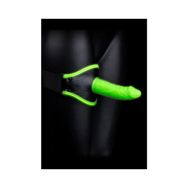 Black thigh harness with neon-green 5-inch dildo