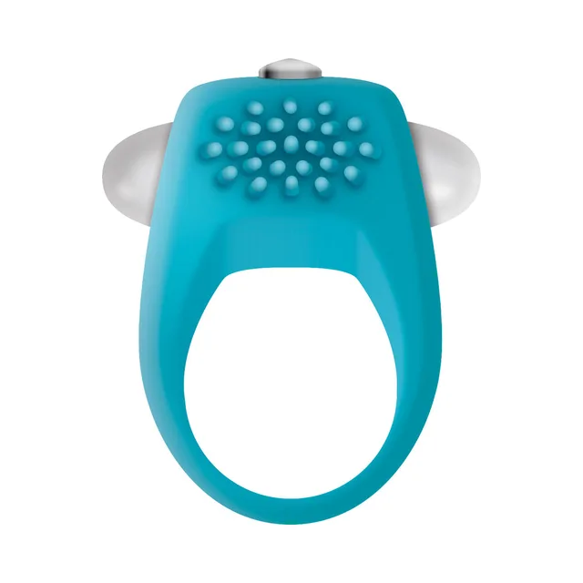 Zero Tolerance Teal Tickler cock ring front angle with oval loop, raised nubs, white side capsules and top button
