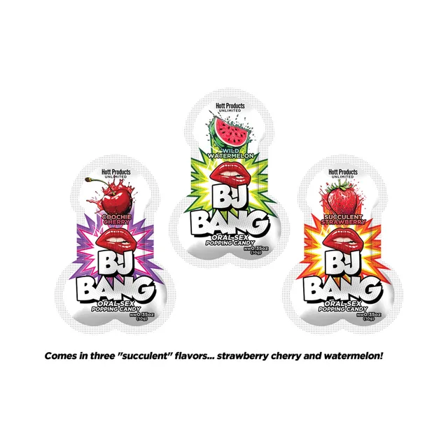 three BJ Bang popping candy packets labeled strawberry cherry and watermelon