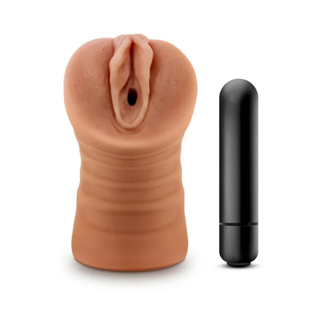 Blush M for Men Julieta tan stroker upright front view with narrow opening and bullet at right