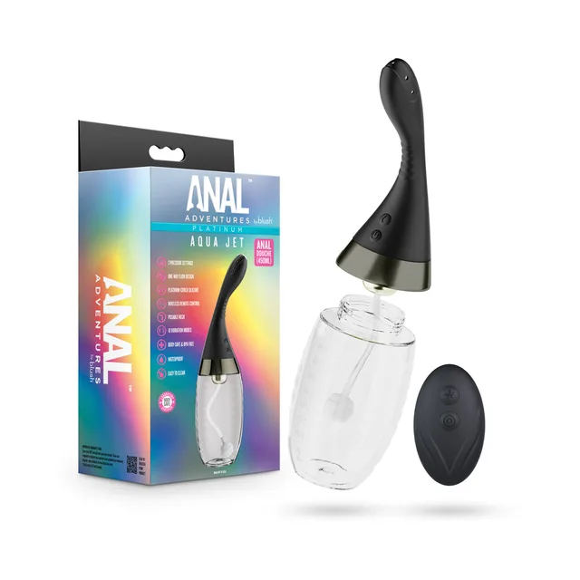 Black Anal Adventures Aqua Jet with clear reservoir, remote and retail box