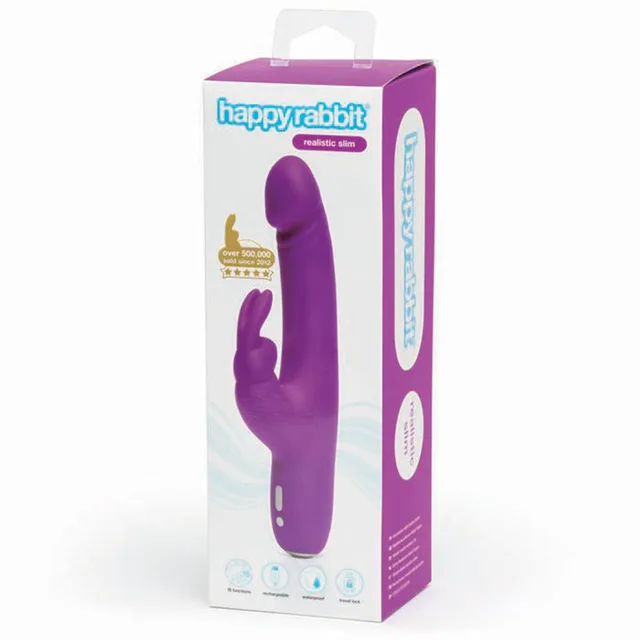 Happy Rabbit Realistic Slim purple vibrator inside white-and-purple retail box