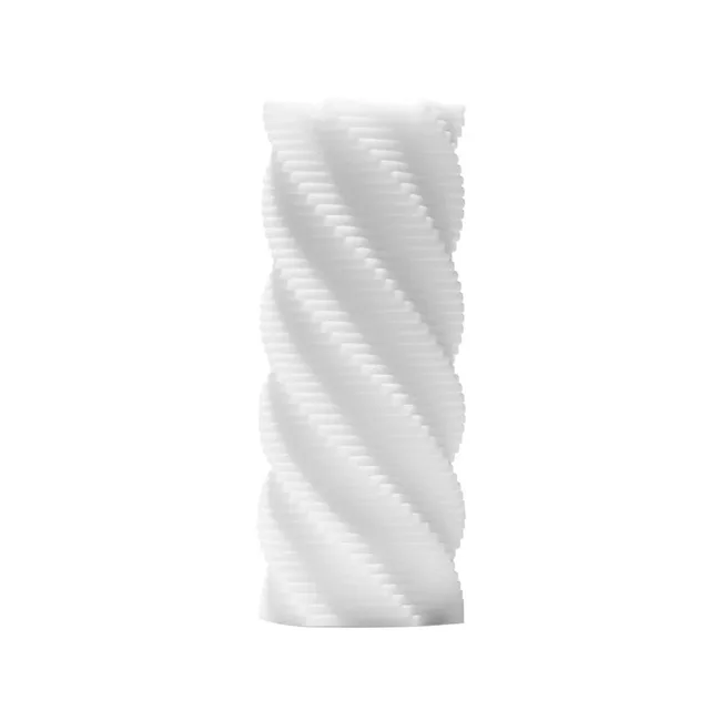 Tenga 3D Spiral white stroker sleeve close view of tapered cylinder with deep diagonal ribs