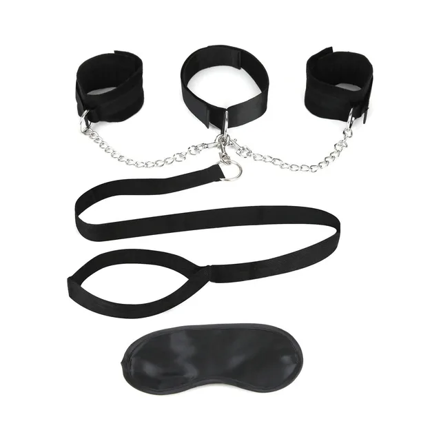 Black collar and cuff set linked by silver chains with long leash
