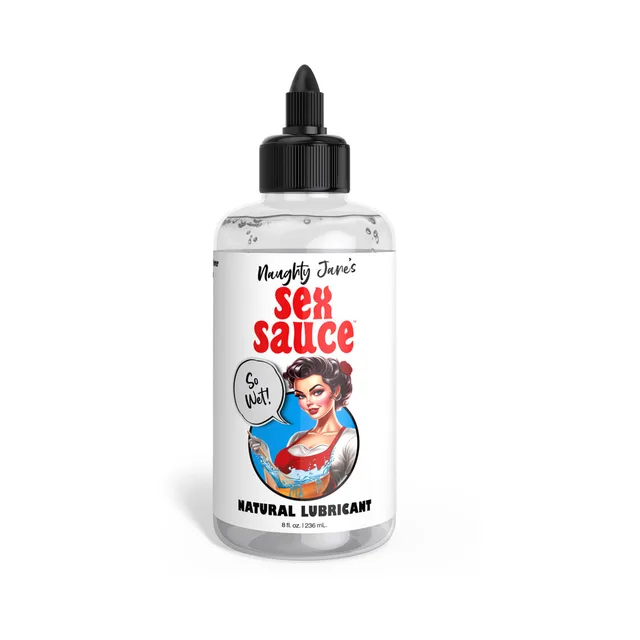 Naughty Jane's Sex Sauce Natural 8-ounce lubricant in clear squeeze bottle with black pointed cap