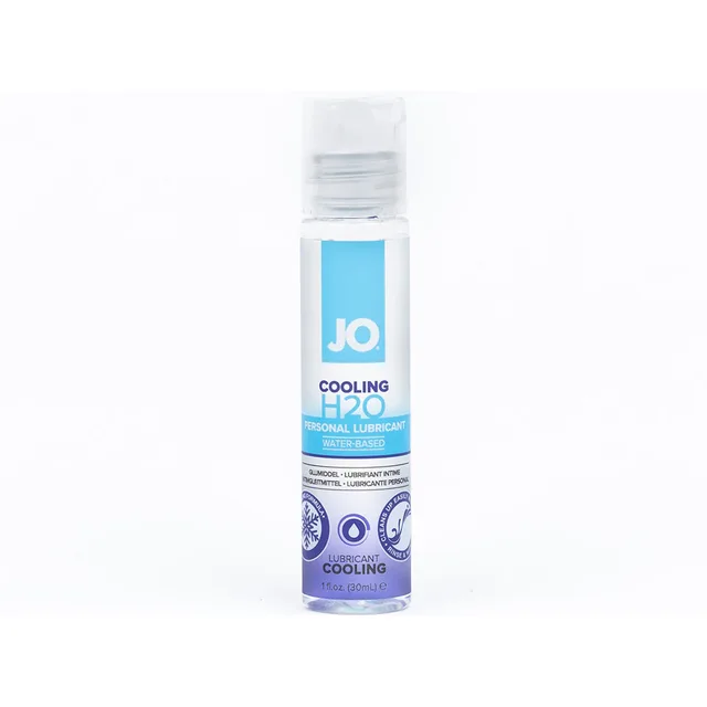 Slim 1 oz JO H2O Cooling bottle with blue label and white cap