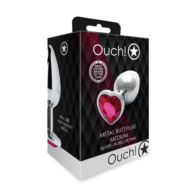 Shots Ouch medium silver metal butt plug with pink heart gem angled front retail package