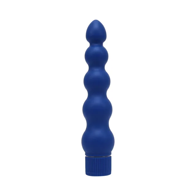 Front upright view of blue tapered stick with six rounded bead sections
