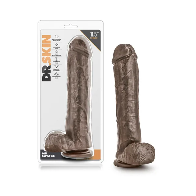 Dr. Skin Mr. Savage Brown 11.5 Inch Dildo beside clear retail package