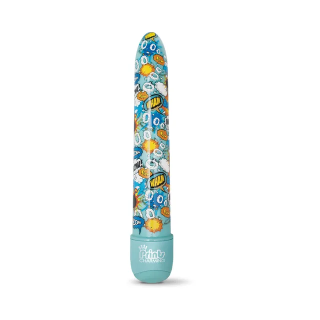 Front view of blue Pop Tease vibrator with explosion print