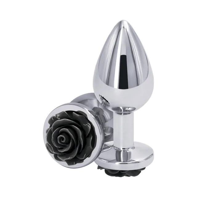 Silver aluminum plug with sculpted black rose base