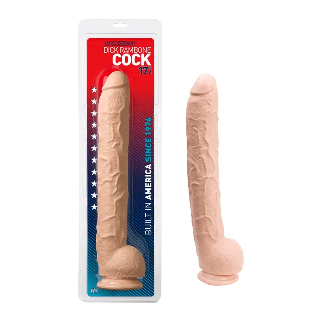 Dick Rambone beige dildo beside red and blue package