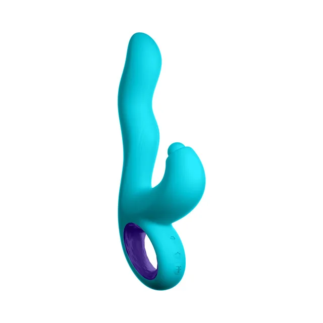 Three-quarter view of turquoise Klio with purple loop handle
