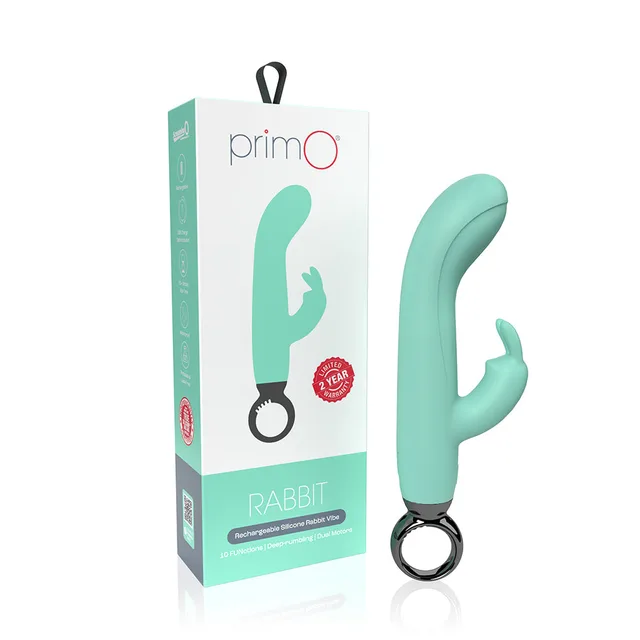 kiwi-green Screaming O Primo Rabbit with black ring handle beside box