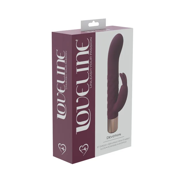 burgundy LoveLine Devotion mini rabbit vibrator on burgundy box