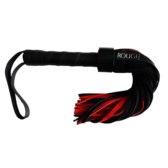 Rouge Garments black and red 40 cm suede flogger full view with leather-wrapped handle and wrist loop