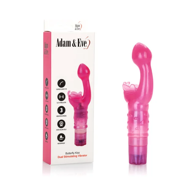 Adam & Eve Butterfly Kiss pink vibrator beside white retail box