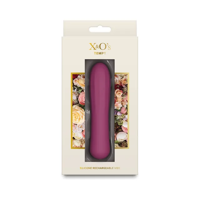 X&O's Tempt berry silicone rechargeable vibrator inside the cream floral retail box
