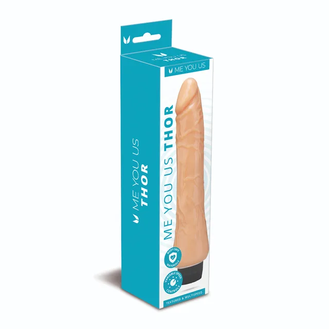 light pink Me You Us Thor 11 veined vibrator with black twist base in teal box