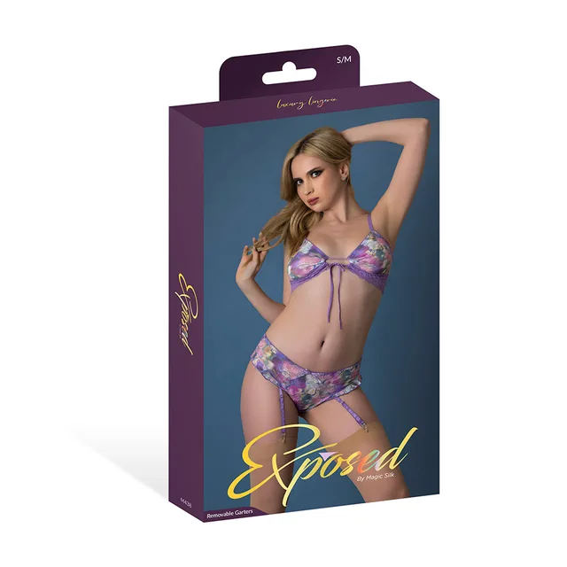 Magic Silk Wisteria Mist purple floral bralette set S/M displayed in purple retail packaging
